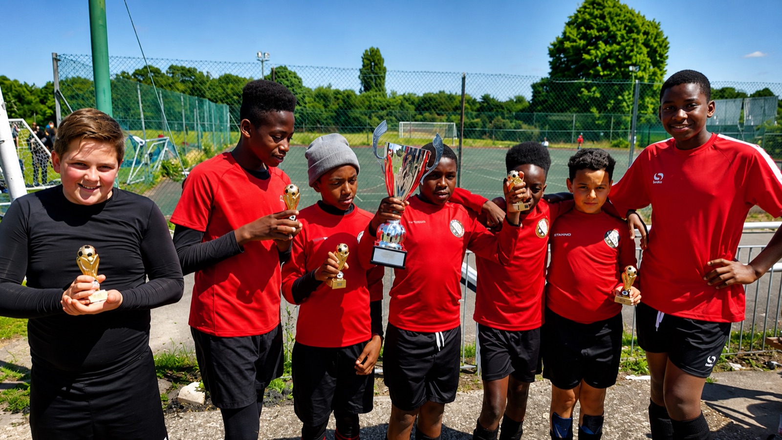 A youth team celebrating with trophies